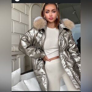 Metallic down jacket hoodie removable fur trim NEW